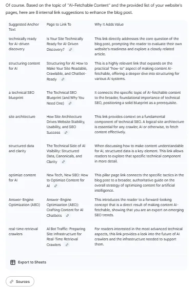 Gemini 2.5 Pro, internal linking suggestions