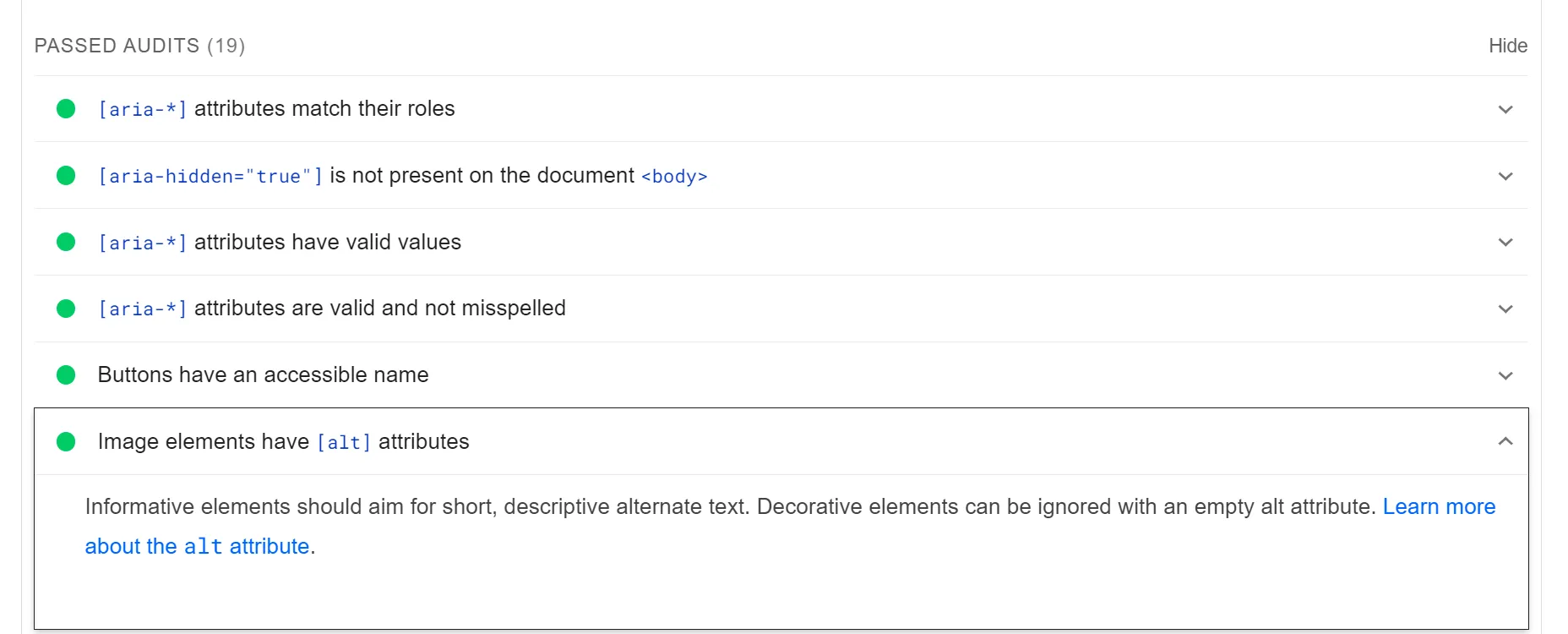 a screenshot of the passed web accessibility audit in the PageSpeedInsights tool